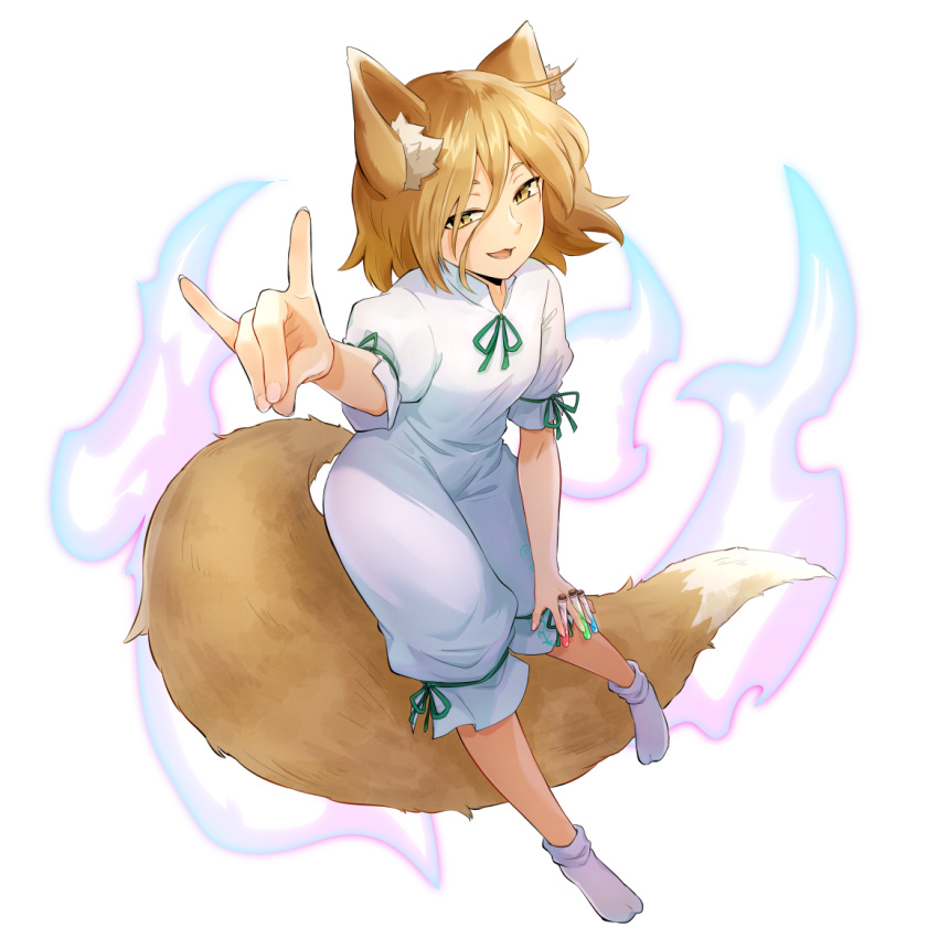 1girl, animal_ears, blonde_hair, fox_ears, fox_girl, fox_shadow_puppet, fox_tail, full_body