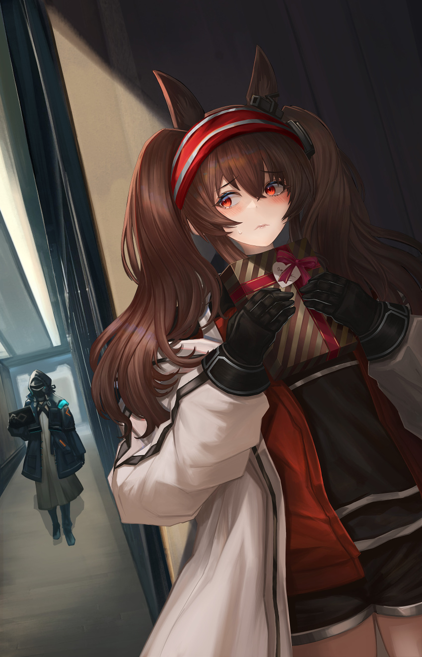 1girl, 1other, absurdres, akana93, angelina_(arknights), animal_ears, arknights, black_coat