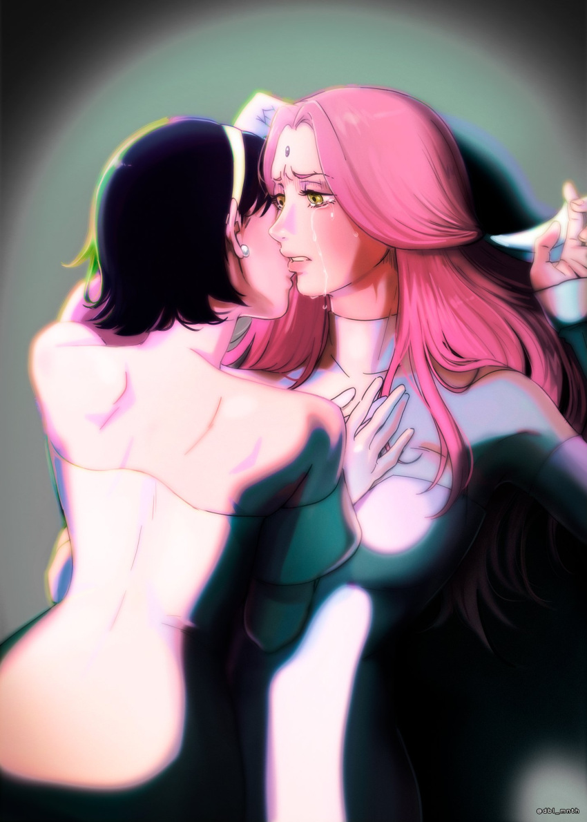 2girls, alien_stage, commentary, crying, crying_with_eyes_open, dbl_mnth, dress, earrings, english_commentary, forehead_jewel, hairband, half_updo, highres, jewelry, long_hair, long_sleeves, mizi_(alien_stage), multiple_girls, off-shoulder_dress, off_shoulder, parted_lips, pearl_earrings, pink_hair, short_hair, spotlight, sua_(alien_stage), tears, turtleneck, turtleneck_dress, white_dress, white_hairband, yuri