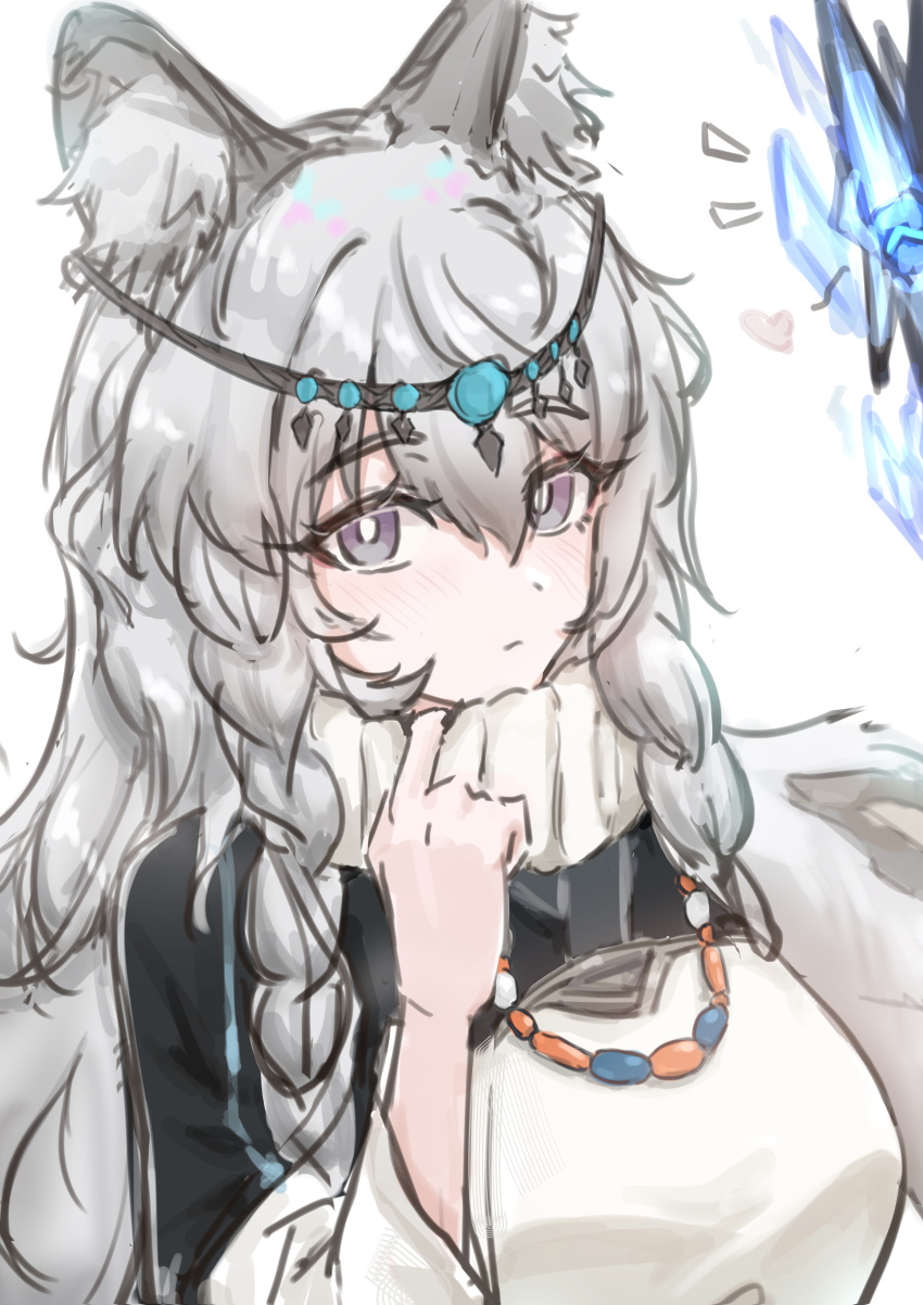 1girl, absurdres, animal_ears, arknights, bead_necklace, beads, blush, bright_pupils