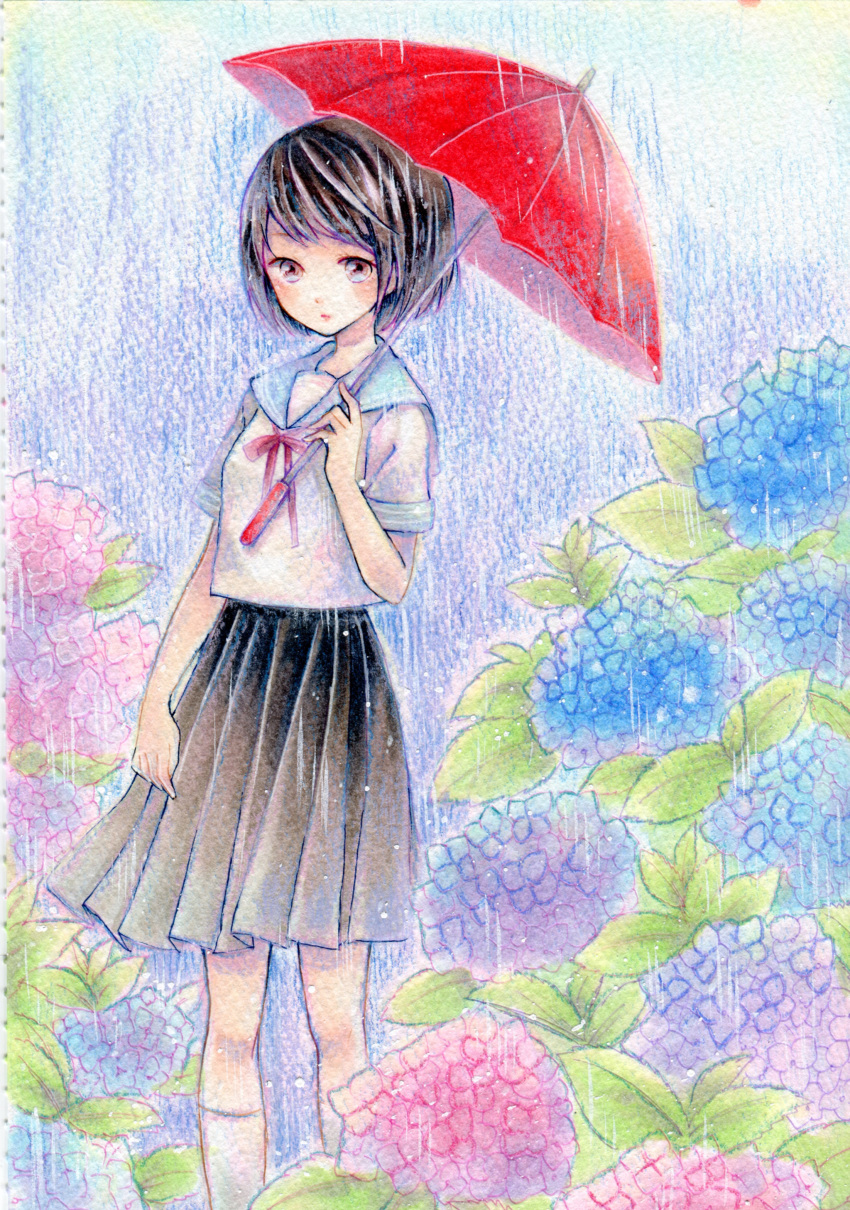 1girl, absurdres, amu_(m_aa), black_eyes, black_hair, black_skirt, blue_flower, blue_sailor_collar