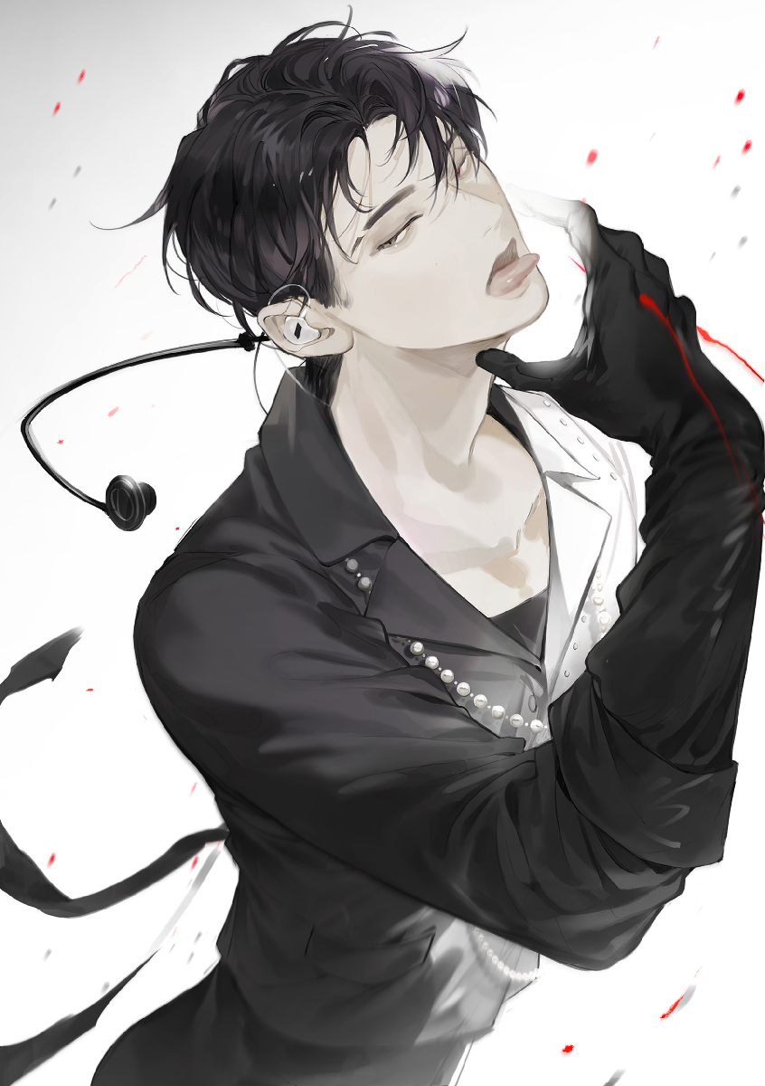 1boy, ateez, black_gloves, black_hair, black_pants, black_shirt, butterfly39561, choi_san