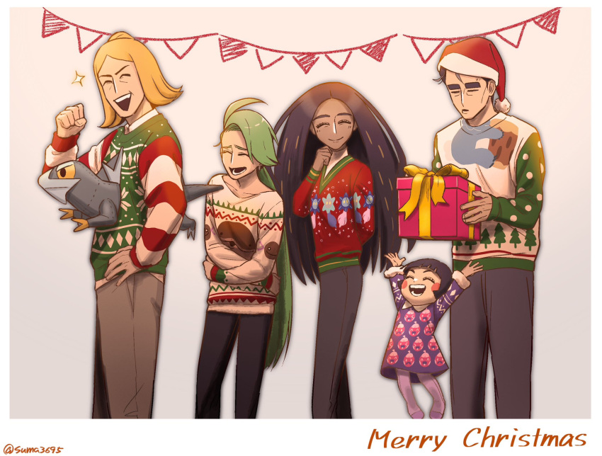 2boys, 3girls, arctibax, arm_behind_back, black_hair, blonde_hair, blush, child