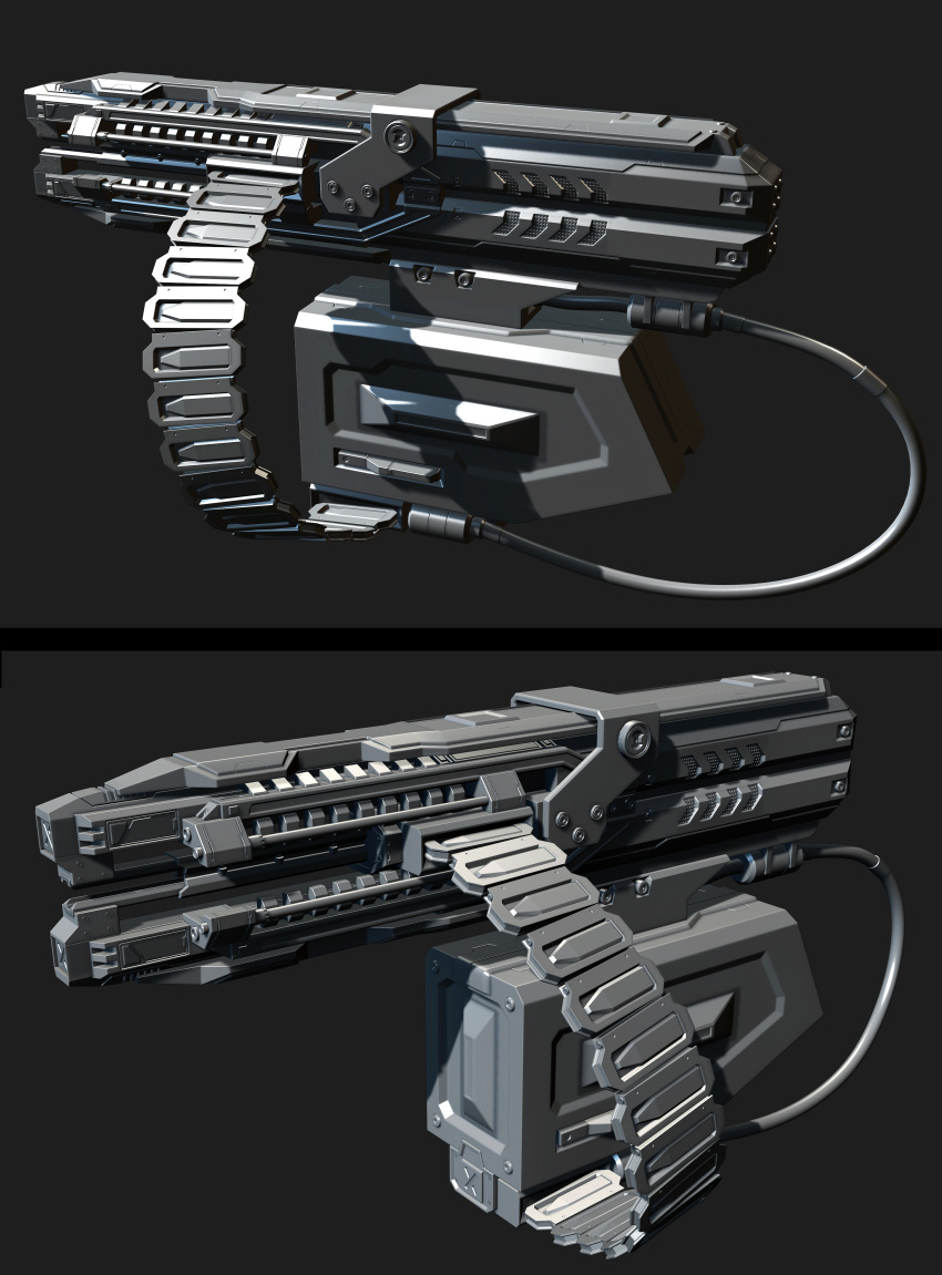 3d, absurdres, ammunition_belt, cable, commentary, dust_514, eve_online, greyscale