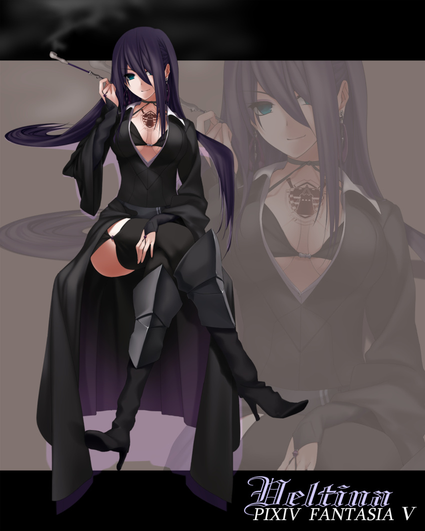 black_legwear, black_thighhighs, blue_eyes, boots, breasts, cleavage, earrings, highres