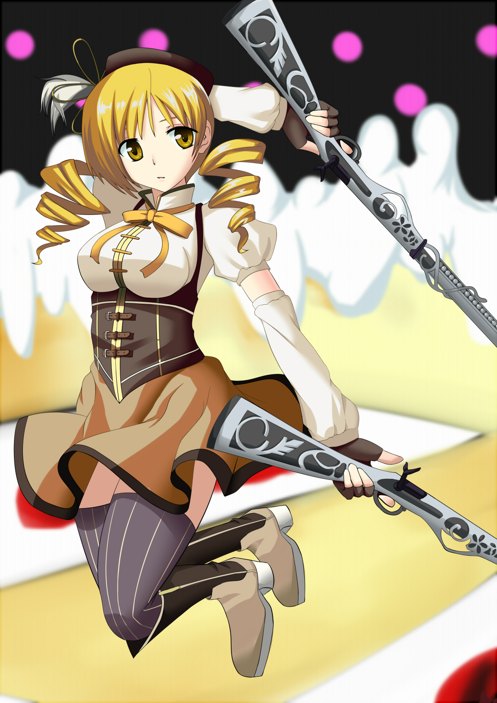 beret, blonde_hair, boots, breasts, brown_legwear, detached_sleeves, drill_hair, dual_wielding
