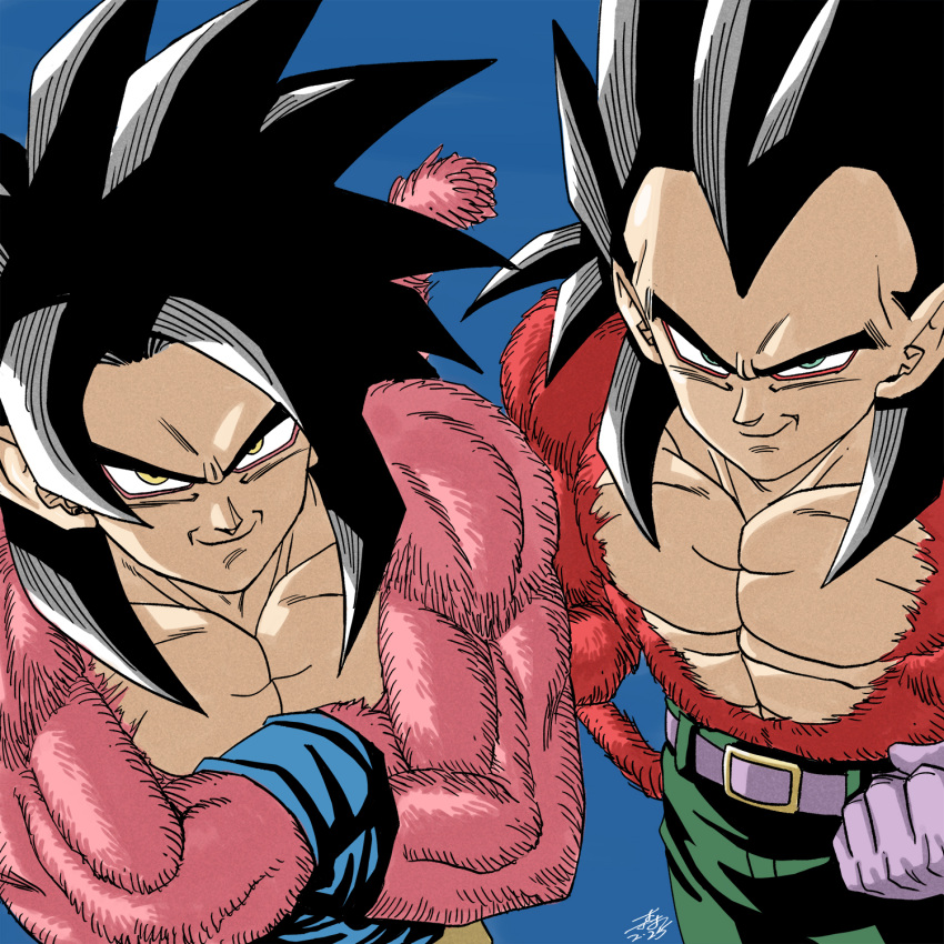 black_hair, blue_sash, body_fur, dougi, dragon_ball, dragon_ball_gt, forest_1988, highres