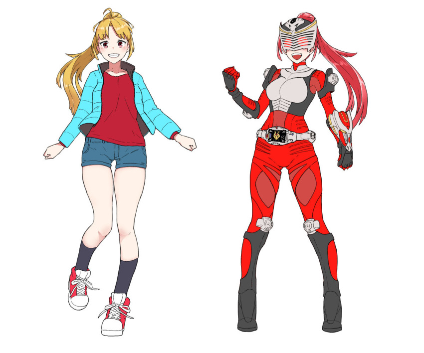 2girls, armor, belt, black_boots, black_socks, blonde_hair, blue_jacket, blue_shorts, bodysuit, boots, clenched_hands, clenched_teeth, commentary, denim, denim_shorts, dragvisor, dual_persona, eidenjyou1997, eye_mask, full_body, genderswap, genderswap_(mtf), high_ponytail, jacket, kamen_rider, kamen_rider_ryuki, kamen_rider_ryuki_(series), kidou_shinji, kneehighs, long_hair, looking_at_viewer, multiple_girls, open_clothes, open_jacket, open_mouth, ponytail, red_bodysuit, red_eyes, red_hair, red_shirt, red_shoes, rider-tan, rider_belt, shirt, shoes, short_shorts, shorts, simple_background, smile, sneakers, socks, standing, standing_on_one_leg, straight-on, teeth, unzipped, upper_teeth_only, v_buckle, white_background