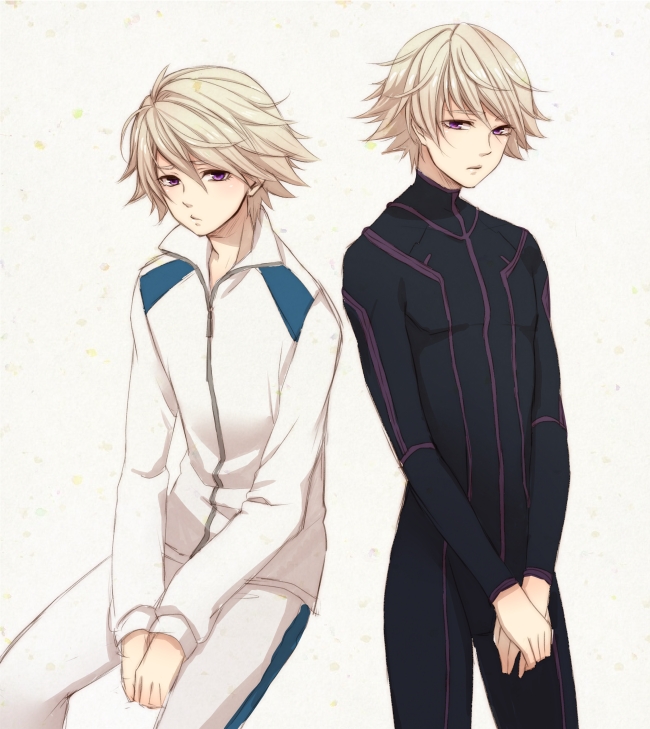 2boys, amu_(m_aa), black_bodysuit, blonde_hair, bodysuit, closed_mouth, commentary_request, dual_persona