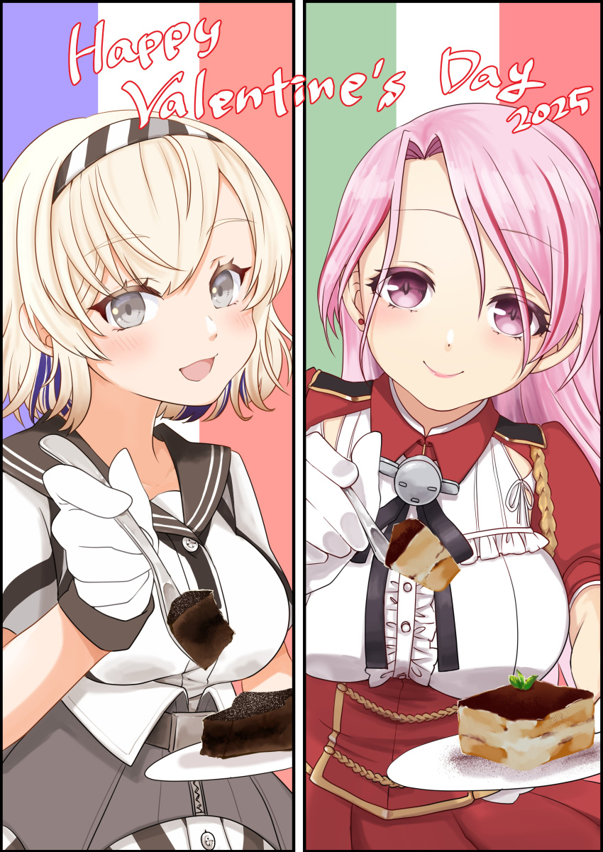 2025, 2girls, absurdres, blonde_hair, breasts, cake, commentary_request, food