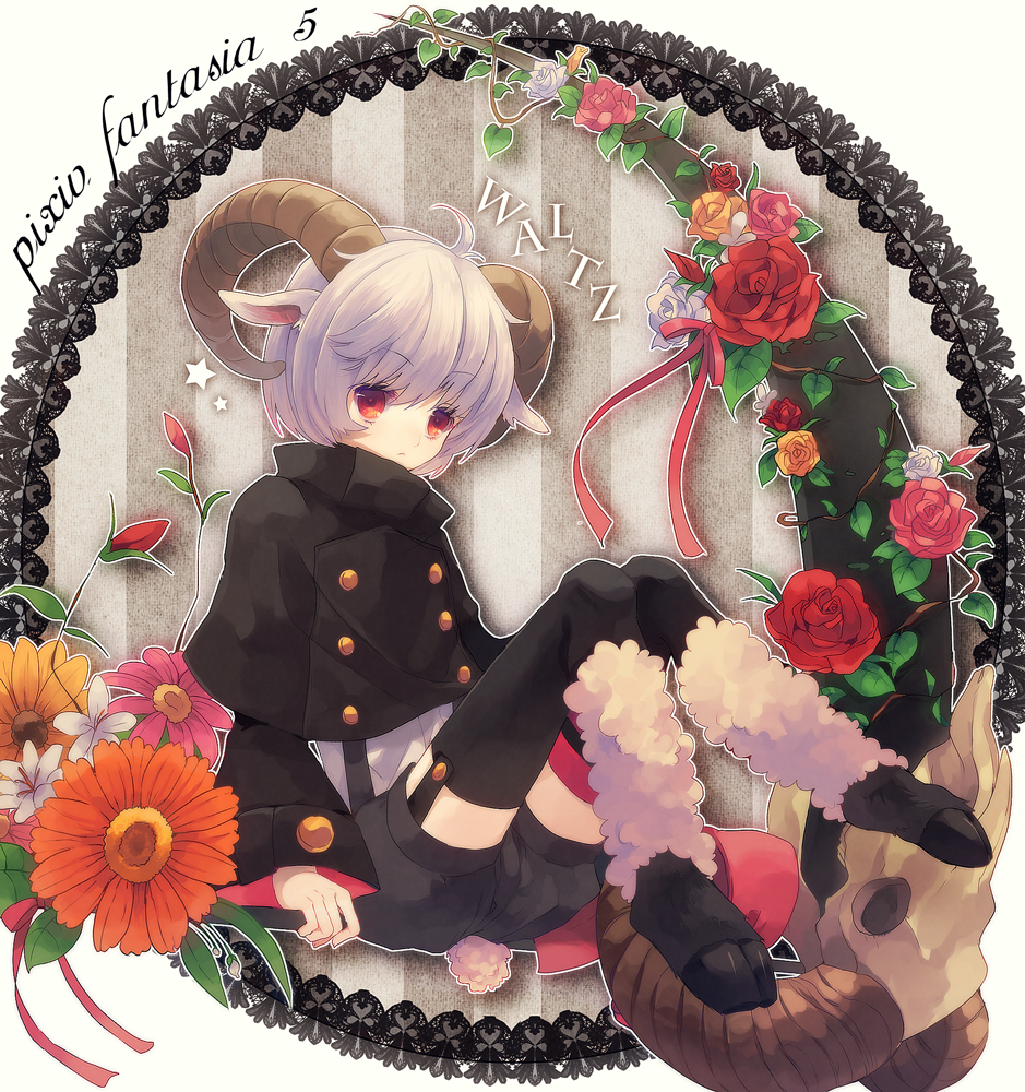 black_legwear, black_thighhighs, flower, hooves, horns, orange_rose, pink_rose, pixiv_fantasia