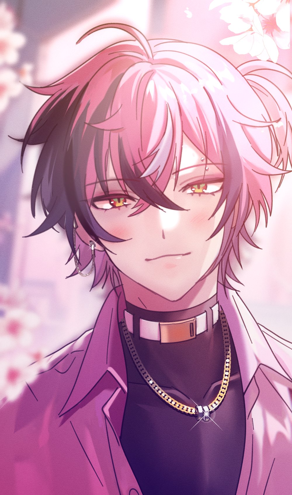 1boy, belt, belt_buckle, belt_collar, black_hair, black_shirt, buckle, cherry_blossoms