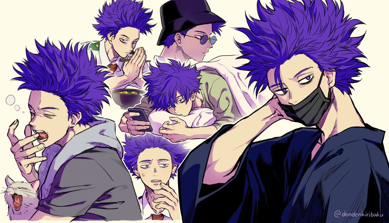 1boy, animal, arm_behind_head, arm_up, bags_under_eyes, black_hat, blue_kimono, boku_no_hero_academia, bowl, bucket_hat, cat, chopsticks, collared_shirt, commentary_request, covered_mouth, denden_(dendenkiribaku), food, glasses, hat, holding, holding_chopsticks, holding_phone, japanese_clothes, kimono, looking_at_phone, looking_to_the_side, lying, male_focus, mask, mouth_mask, multiple_views, necktie, noodles, on_stomach, open_mouth, own_hands_together, phone, pillow, purple-tinted_eyewear, purple_hair, ramen, red_necktie, rimless_eyewear, round_eyewear, school_uniform, shinso_hitoshi, shirt, sideways_glance, simple_background, small_sweatdrop, sweatdrop, teeth, tinted_eyewear, tongue, twitter_username, u.a._school_uniform, under_covers, upper_teeth_only, violet_eyes, white_background, white_cat, white_shirt, yawning
