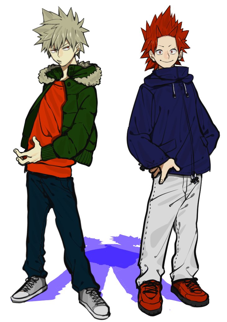 2boys, alternate_costume, bakugou_katsuki, black_pants, blonde_hair, blue_jacket, boku_no_hero_academia, closed_mouth