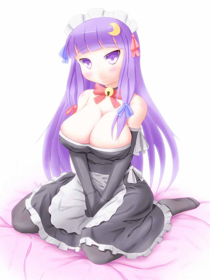 alternate_costume, breasts, cleavage, crescent, highres, long_hair, patchouli_knowledge, purple_eyes