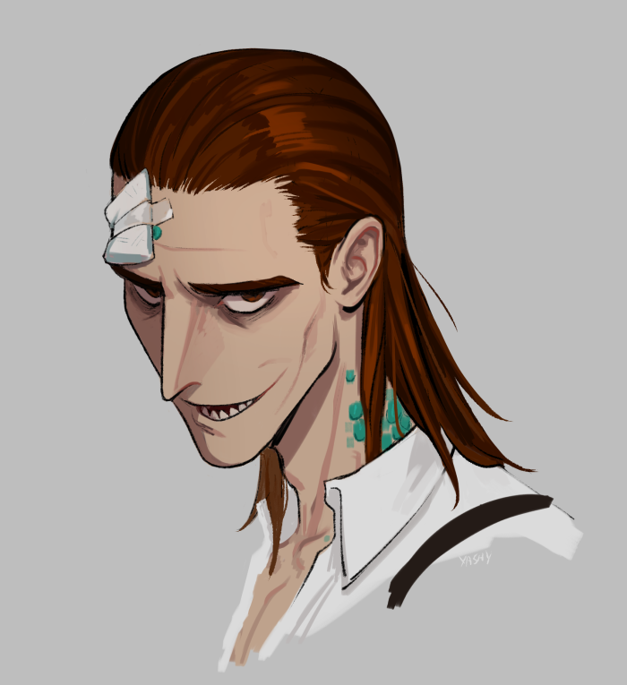 1boy, bandage_on_face, bandages, boneworms, brown_hair, evil_smile, green_scales, headshot