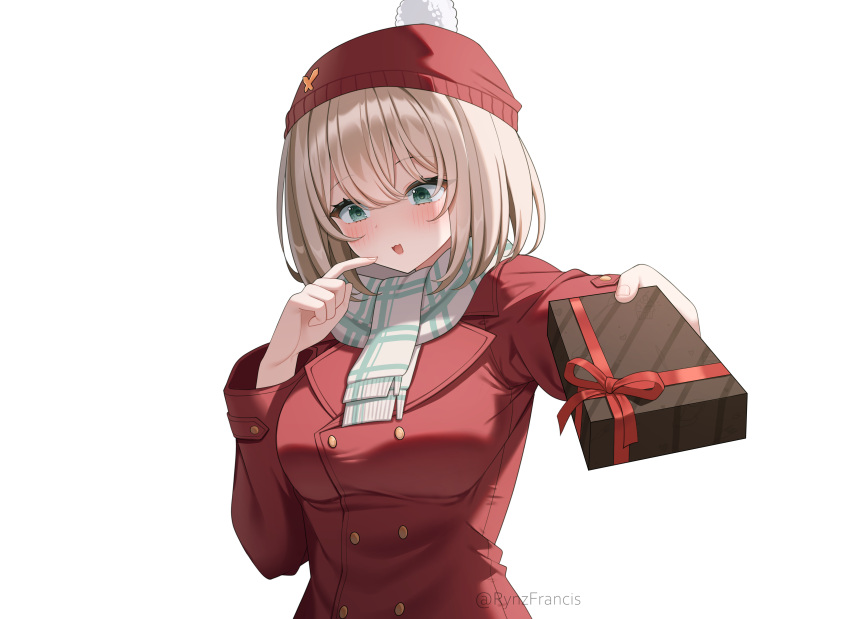 1girl, absurdres, aqua_eyes, beanie, blonde_hair, blurry, blush, box