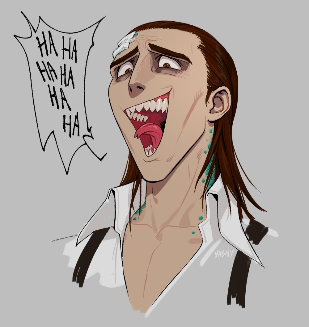 1boy, brown_hair, forked_tongue, green_scales, headshot, identity_v, laughing, long_hair