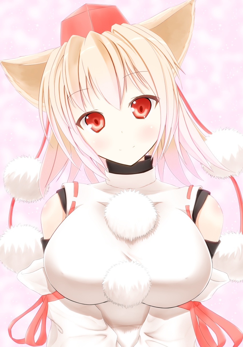 absurdres, animal_ears, bare_shoulders, breasts, bust, detached_sleeves, hat, head_tilt