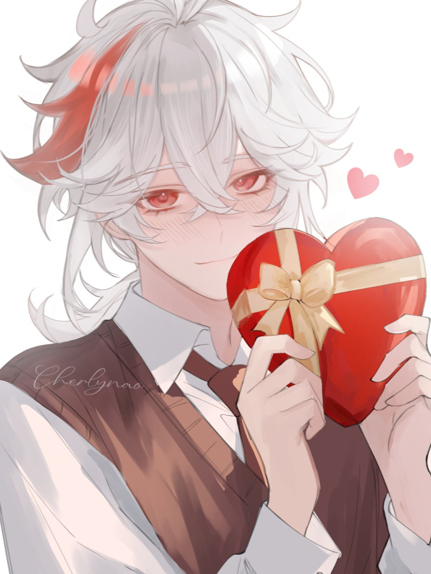 1boy, alternate_costume, black_necktie, black_sweater_vest, blush, box, cherlynaoo, closed_mouth