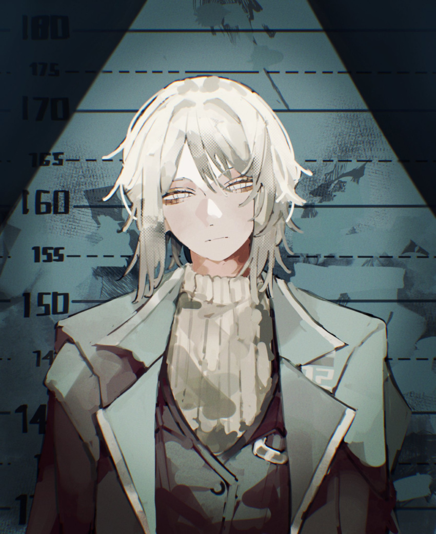 1girl, black_coat, black_vest, closed_mouth, coat, coat_on_shoulders, faust_(project_moon), height_chart, highres, limbus_company, looking_at_viewer, medium_hair, project_moon, solo, sweater, tuumatae, upper_body, vest, white_eyes, white_hair, white_sweater