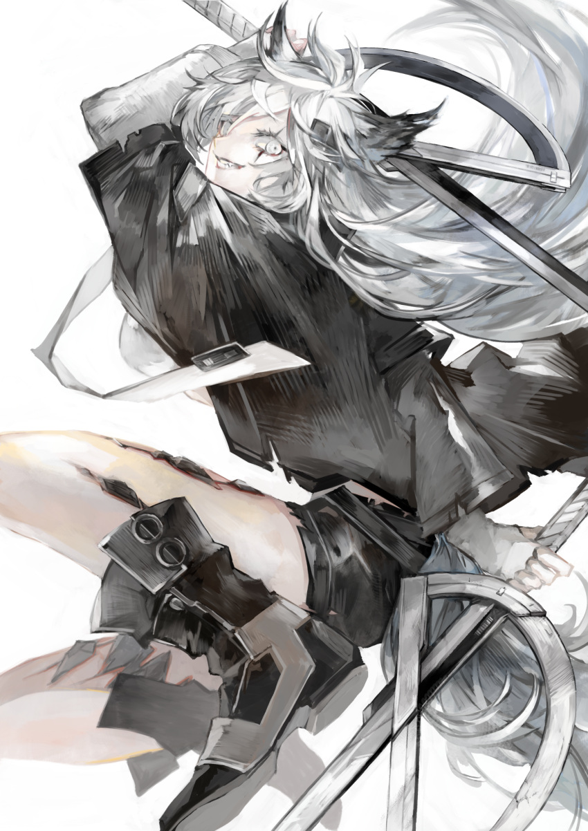 1girl, animal_ears, arknights, black_boots, black_jacket, black_shorts, fang, gloves, grey_eyes, grey_hair, hair_between_eyes, hair_ornament, hairclip, highres, holding, holding_sword, holding_weapon, ika_syuri, jacket, lappland_(arknights), long_hair, long_sleeves, looking_at_viewer, material_growth, oripathy_lesion_(arknights), scar, scar_across_eye, shorts, simple_background, smile, solo, sword, tail, teeth, weapon, white_background, wolf_ears, wolf_girl, wolf_tail