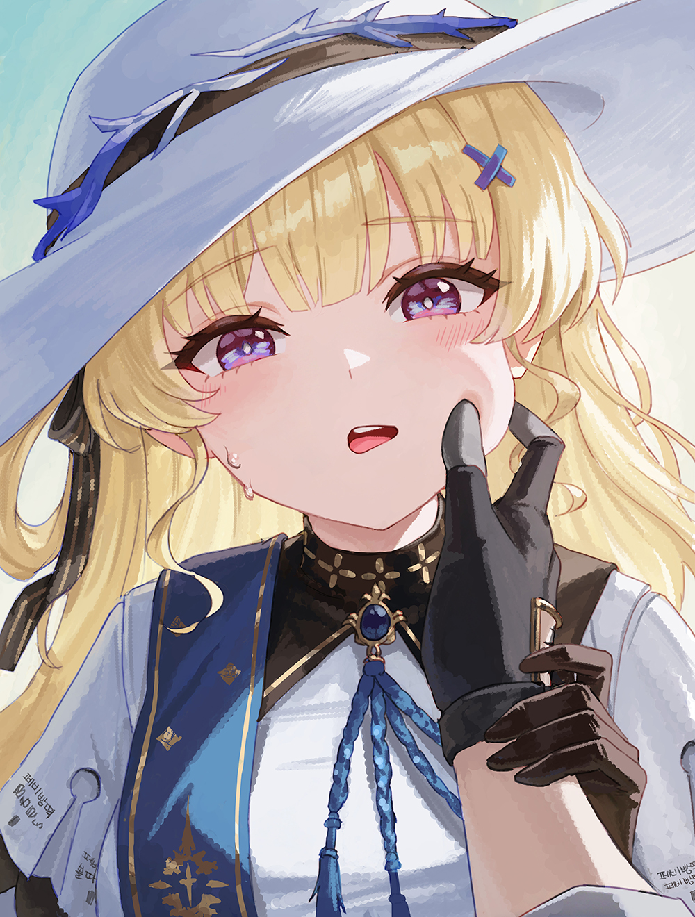1boy, 1girl, black_ribbon, blonde_hair, cheek_pinching, cross_hair_ornament, ddcc0123, hair_ornament