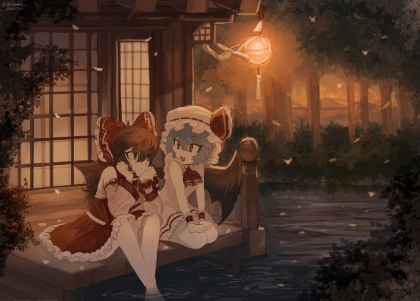 2girls, ascot, bat_wings, blue_hair, bow, brown_eyes, brown_hair, commentary_request