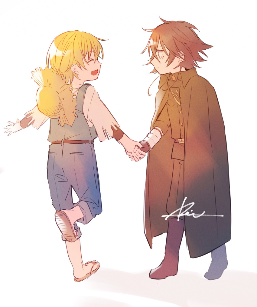 2boys, absurdres, aged_down, blonde_hair, boots, brown_hair, bungou_stray_dogs, child