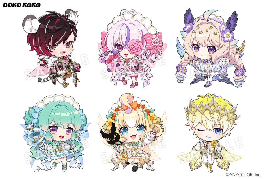 2boys, 4girls, :d, ;), ahoge, anemone_(flower), animal_ears, animal_print