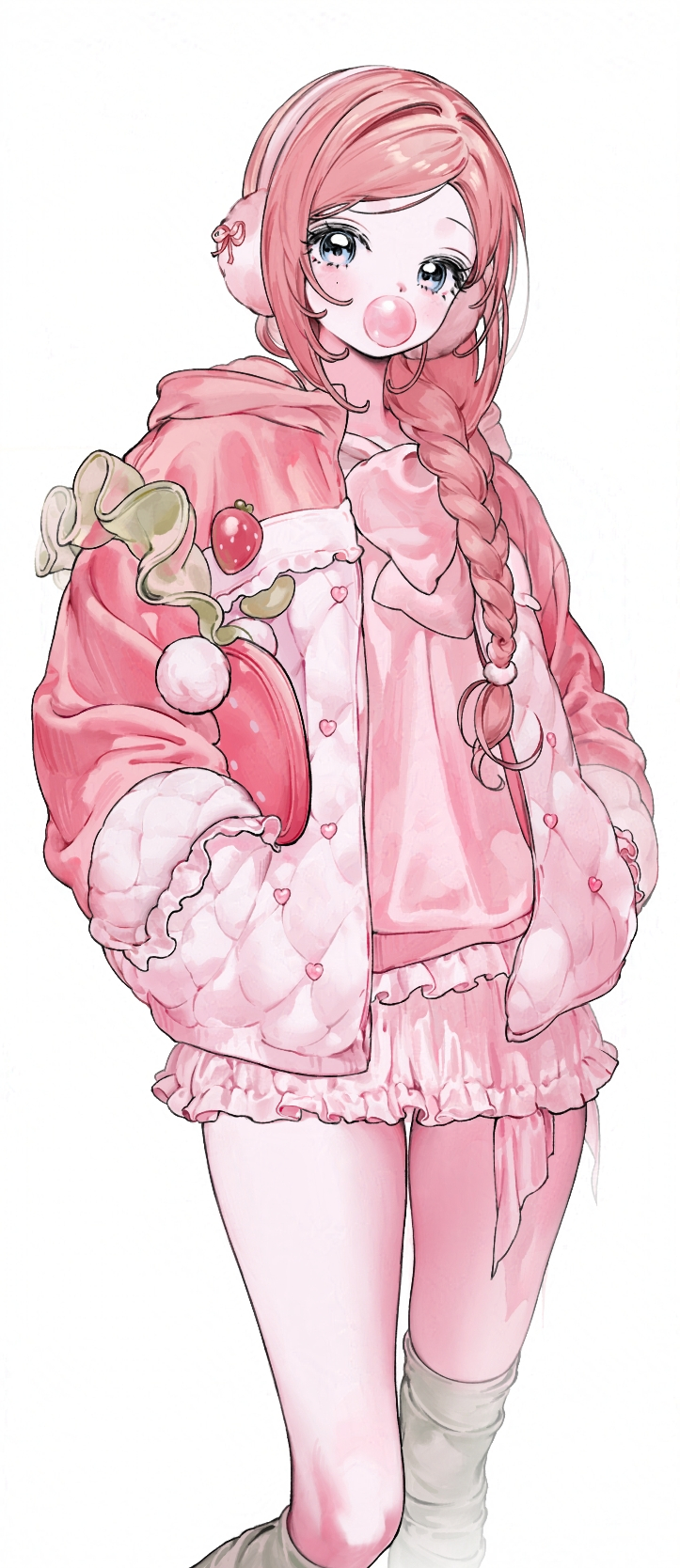 1girl, asymmetrical_legwear, blue_eyes, braid, chewing_gum, coat, earmuffs, expressionless