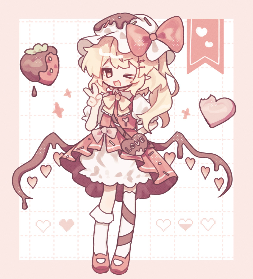 >_o, 1girl, absurdres, asymmetrical_legwear, bag, blonde_hair, bow, bowtie