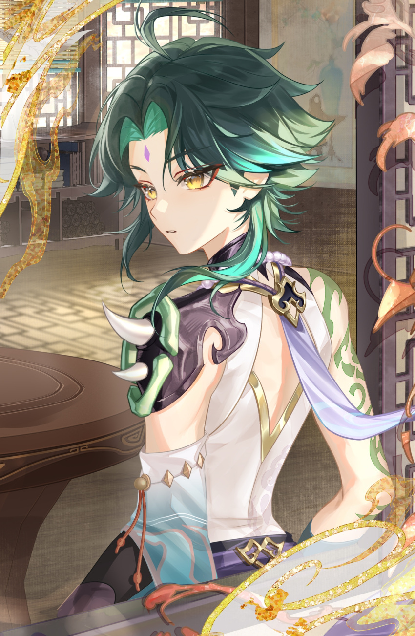 1boy, against_window, ahoge, aqua_hair, architecture, arm_tattoo, armor, bead_necklace