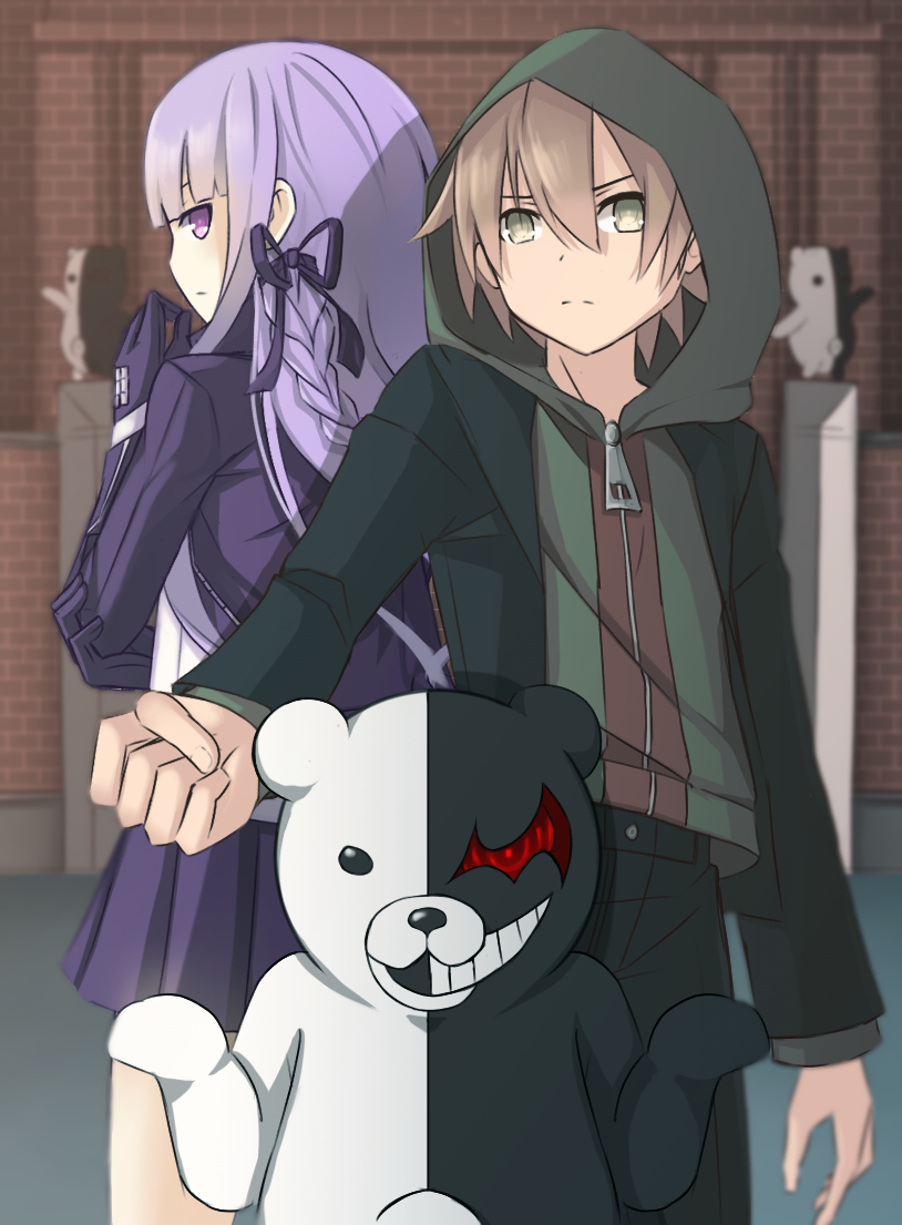 1boy, 1girl, black_gloves, black_jacket, black_pants, black_ribbon, black_skirt, brown_hair
