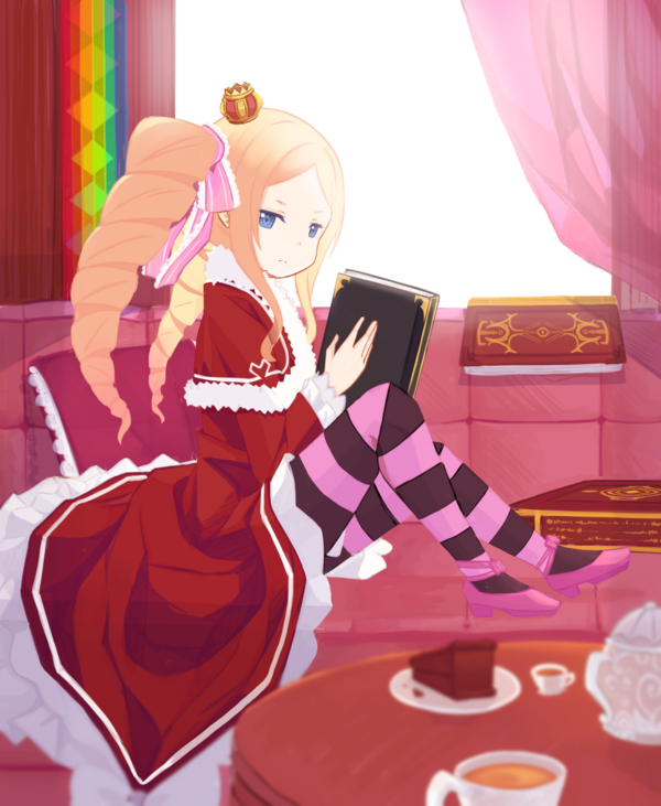1girl, beatrice_(re:zero), blonde_hair, blue_eyes, book, bow, cake, cup