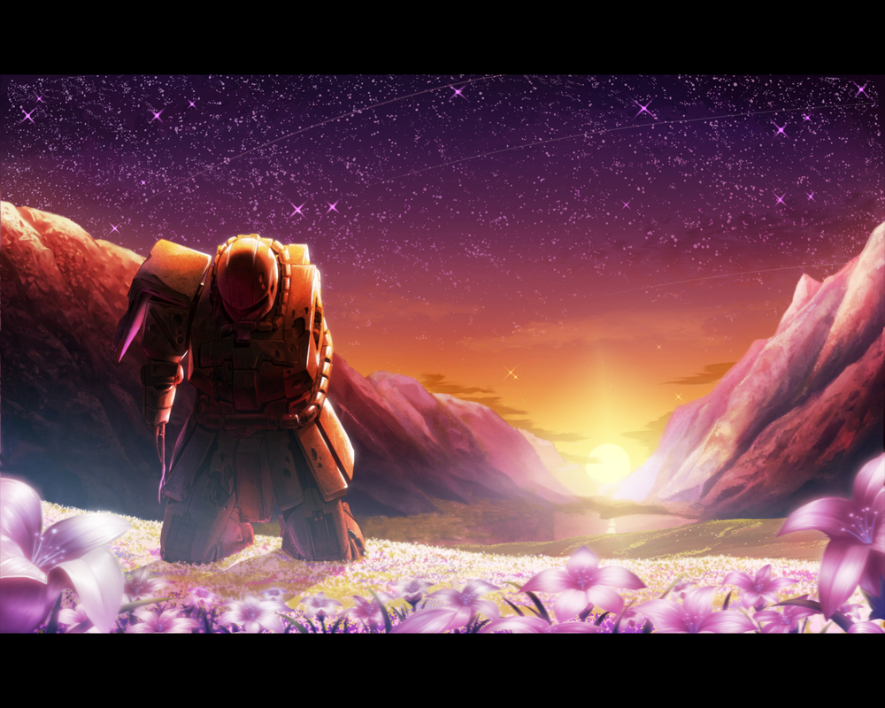 edo_tatsuki, field, flower, gundam, kneeling, mecha, no_humans, sky