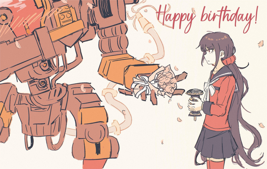 1girl, black_sailor_collar, black_skirt, blush, bouquet, brown_hair, danganronpa_(series), danganronpa_v3:_killing_harmony