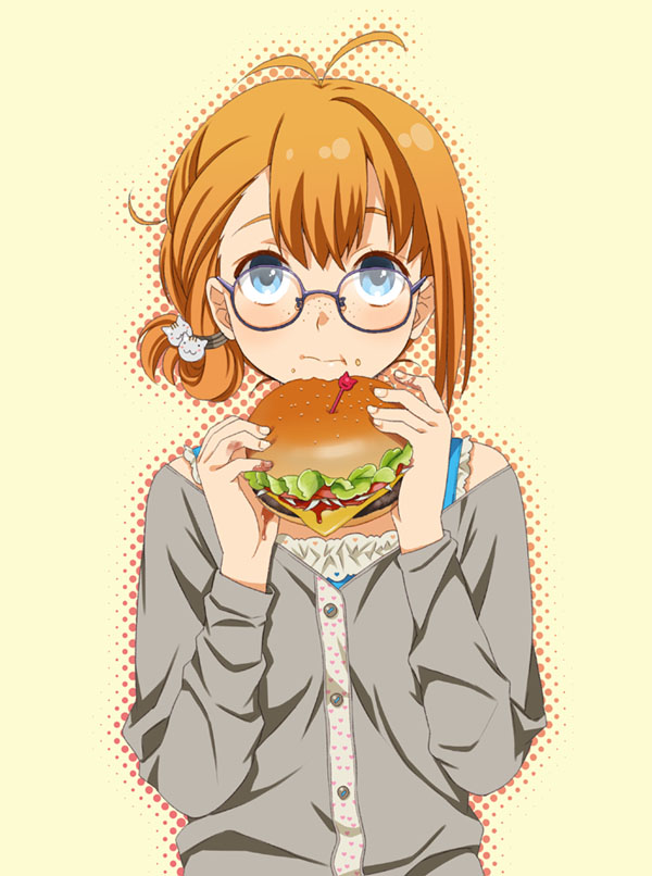 1girl, ahoge, antenna_hair, asymmetrical_hair, blue_eyes, eating, food, food_on_face