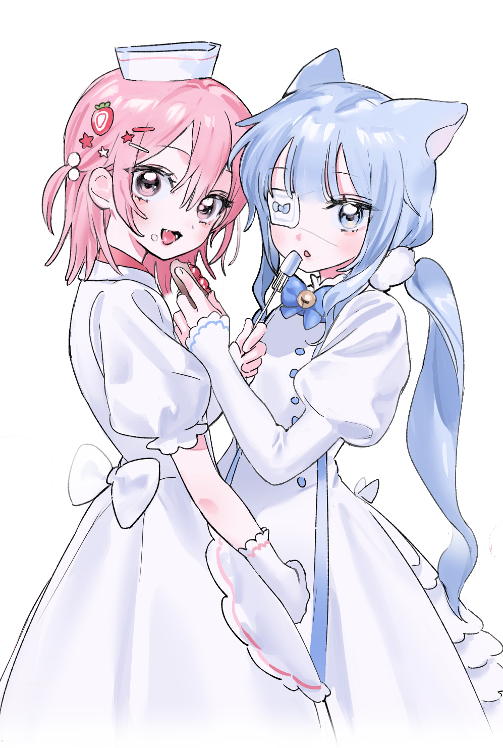 2girls, animal_ears, blue_hair, cat_ears, eyepatch, feeding, food, fork