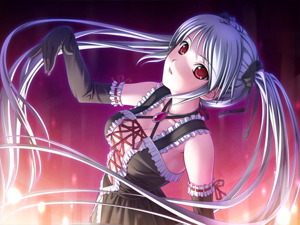 breasts, bust, elbow_gloves, fatiette, game_cg, gloves, grey_hair, hair_ribbon, kanojo_to_kanojo_to_watashi_no_nananichi, long_hair, looking_at_viewer, red_eyes, ribbon, twintails