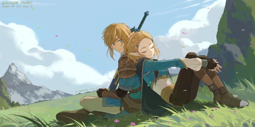 1boy, 1girl, back-to-back, black_gloves, blonde_hair, blue_eyes, blue_shirt, blue_sky