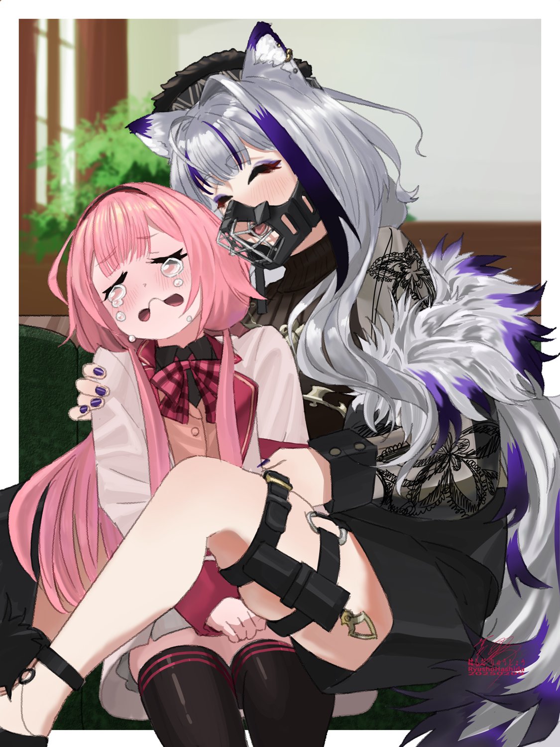 2girls, animal_ears, ankle_belt, black_sleeve_cuffs, bow, closed_eyes, crying, floral_print_sleeves