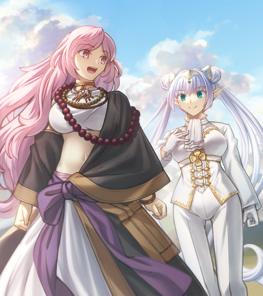 2girls, bead_necklace, beads, breasts, britomart_(fate), britomart_(winner's_eye)_(fate), closed_mouth, clouds