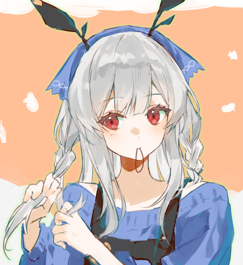 1girl, alternate_costume, apron, arknights, blue_cardigan, blue_headscarf, blush, braid