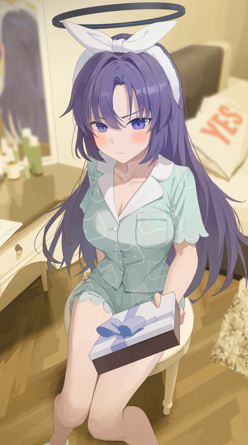1girl, absurdres, blue_archive, blurry, blurry_background, blush, breasts, closed_mouth