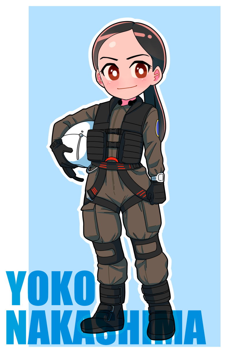 1girl, animification, black_boots, black_gloves, blue_background, blush, boots, border, bright_pupils, brown_eyes, brown_hair, character_name, clenched_hand, closed_mouth, collared_jumpsuit, commentary, full_body, gloves, grey_jumpsuit, helmet, highres, holding, holding_helmet, insignia, jumpsuit, knee_pads, long_hair, long_sleeves, looking_at_viewer, low_ponytail, military, military_uniform, nakashima_yoko, no_nose, ponytail, smile, solo, standing, storage_uniform, tokusatsu, tsubasa_(godbardtsubasa), ultra_series, ultraman_z_(series), utility_vest, vest, watch, watch, white_border, white_helmet, white_pupils, wristwatch_over_clothes, zipper