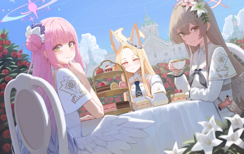 3girls, absurdres, animal_ear_fluff, black_necktie, blonde_hair, blue_archive, blue_sky, blush