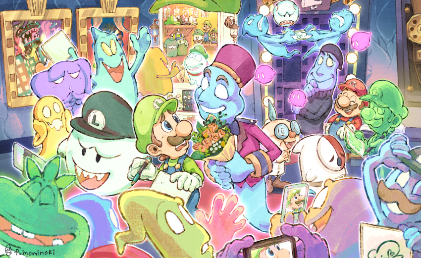 blue_overalls, boo_(mario), bouquet, brown_hair, character_request, facial_hair, fuyumaru_mominoki, green_hat