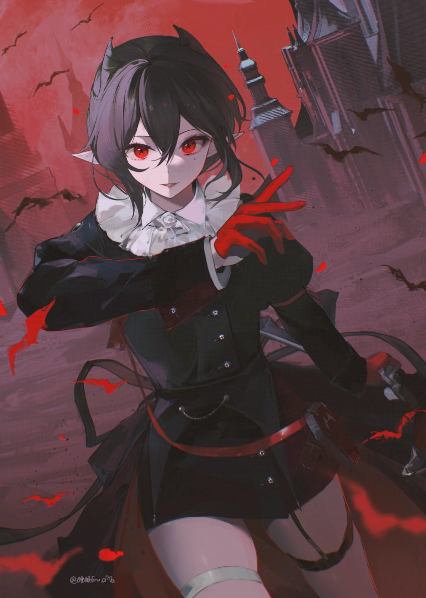 1girl, arknights, black_dress, black_hair, cowboy_shot, dress, entelechia_(arknights), eru_daydream