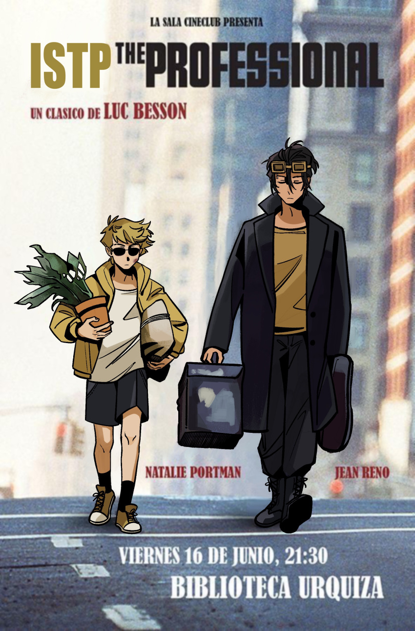 16personalities, 2boys, absurdres, black_boots, black_hair, black_pants, black_shorts, black_socks, brown_sneakers, closed_eyes, closed_mouth, entrepeneur_(16personalities), flower_pot, full_body, goggles, goggles_on_head, highres, holding, holding_flower_pot, jacket, leon_the_professional, multiple_boys, pants, parody, pipaipie, poster_parody, shirt, shoes, shorts, sneakers, socks, sunglasses, virtuoso_(16personalities), walking, white_shirt, yellow_jacket, yellow_shirt